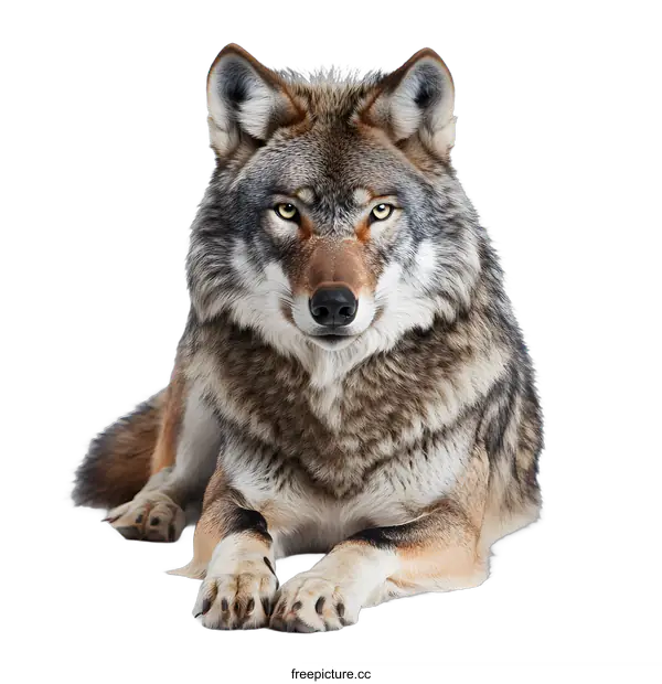 [Transparent Background PNG]Grey Wolf Lying Down on White Background