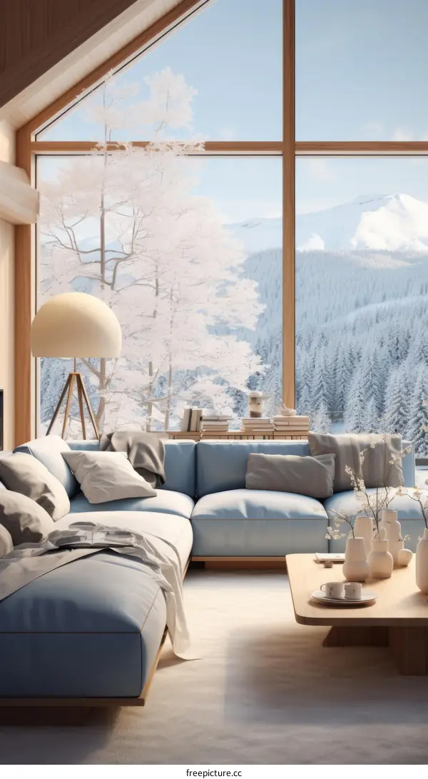 Blue and white living room interior with large windows and a view of snow-covered mountains
