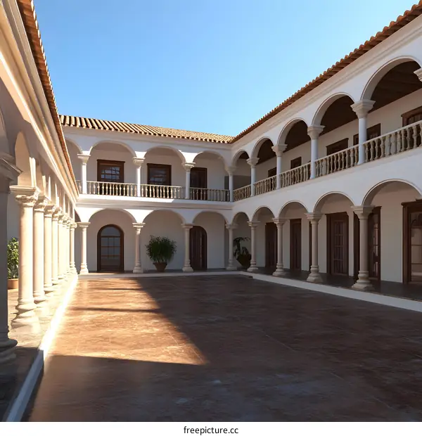 Spanish Style Courtyard with White Columns and Arched Windows