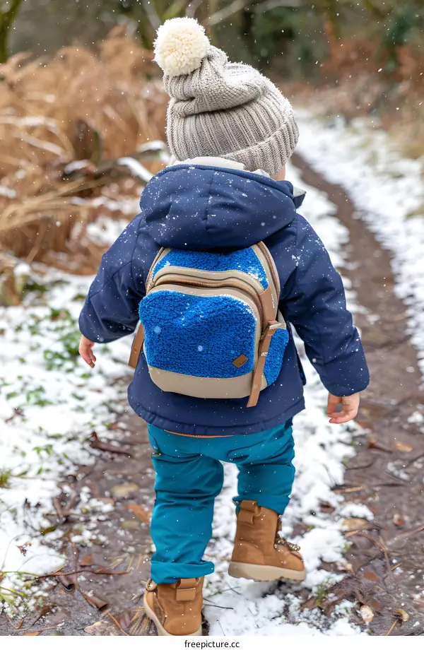 Toddler in Winter Wonderland, Walking on Snowy Path