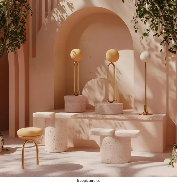 Minimalist Interior Design with Stone Stools and Golden Lamps