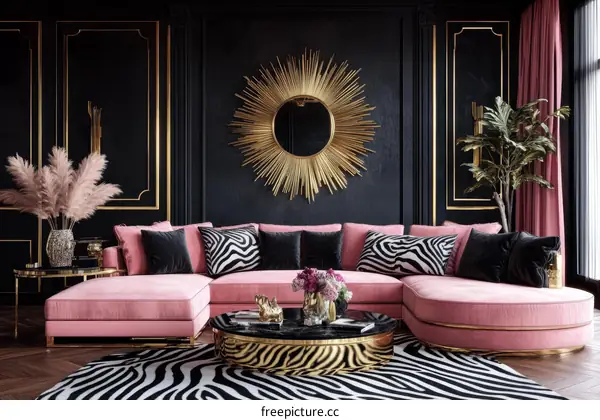 Luxury Pink Sectional Sofa in a Dark Room with Gold Accents