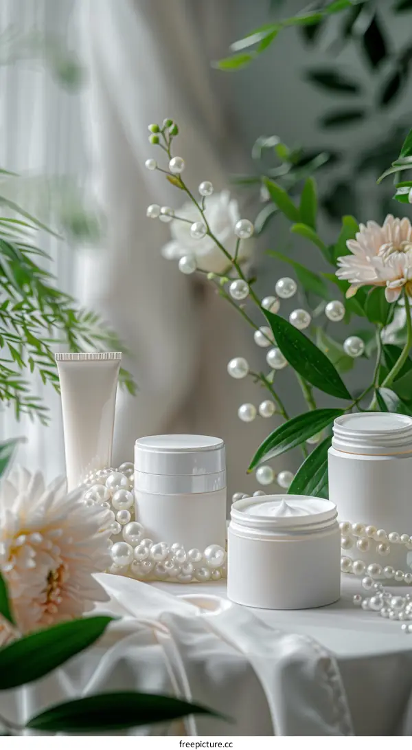 White cosmetic jars and tubes with pearls and flowers