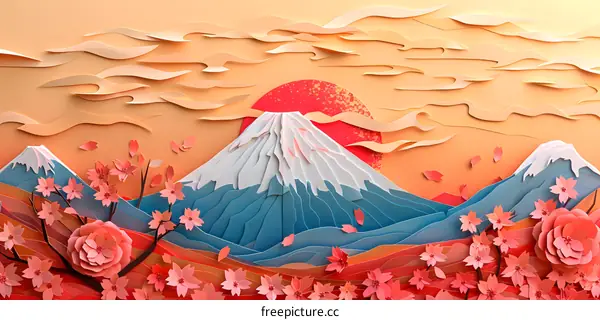 Paper Cut Art Illustration Of Mount Fuji With Cherry Blossoms And A Red Sunset