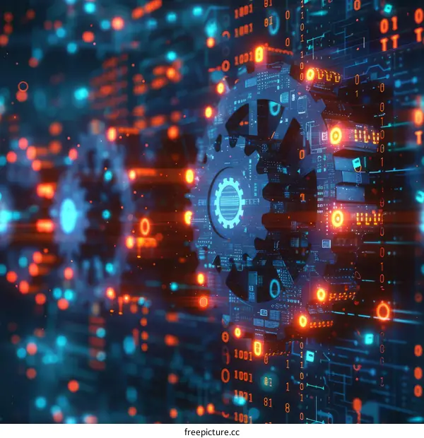Binary code and gear. Programming and software development concept.