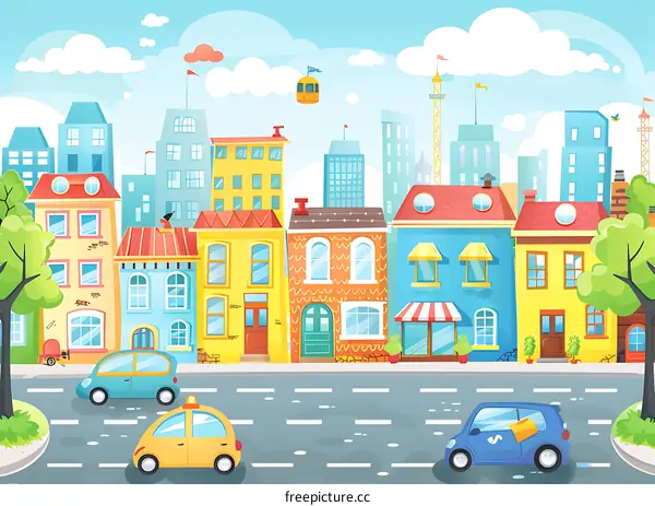 Cartoon Cityscape Illustration With Colorful Buildings