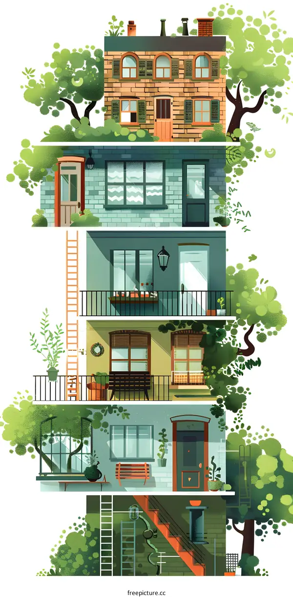 Illustration of a Stacked House with Plants and Trees