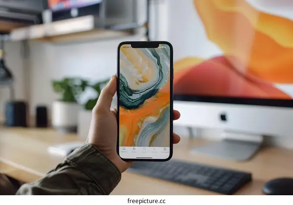 Hand Holding Phone With Abstract Art Wallpaper