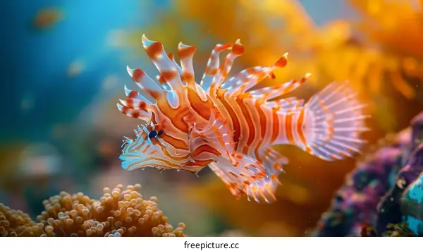 Vibrant Illustration of a Red and White Lionfish by a Coral Reef
