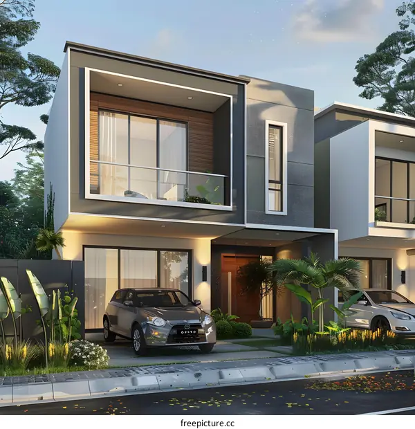 Modern Minimalist Two Story House Exterior Design with Car