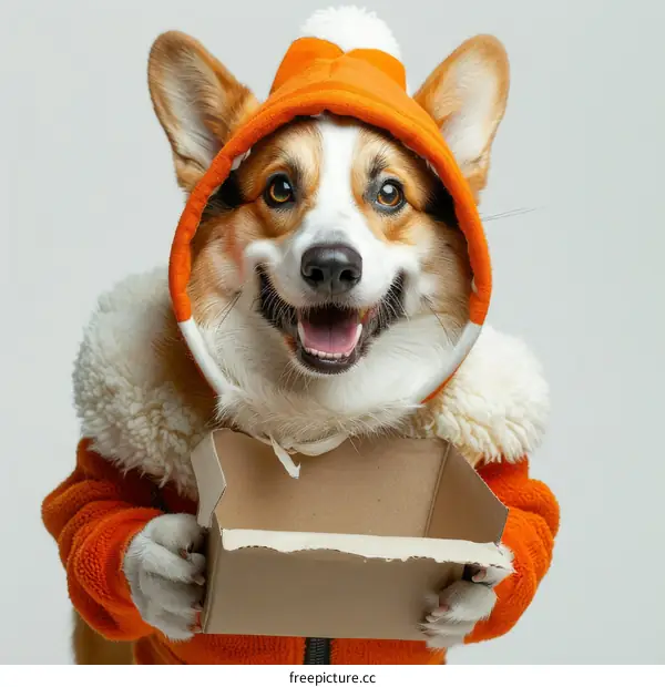 Cute Dog in Orange Jacket Holding a Box