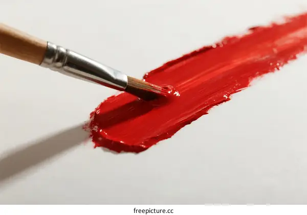 A paintbrush applying vibrant red paint on a white surface