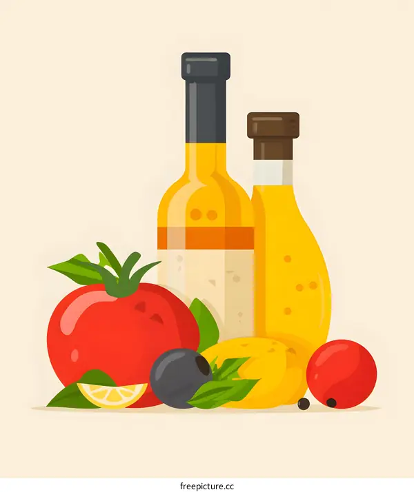 Olive Oil and Balsamic Vinegar with Tomato and Lemon Illustration