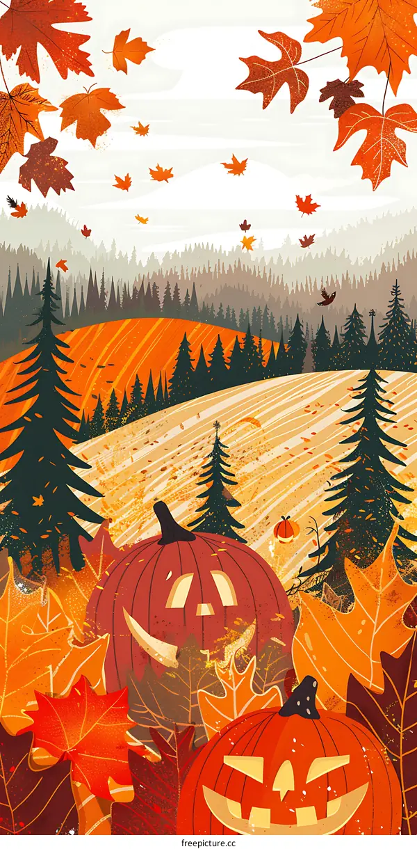 Autumn Leaves and Pumpkins Illustration