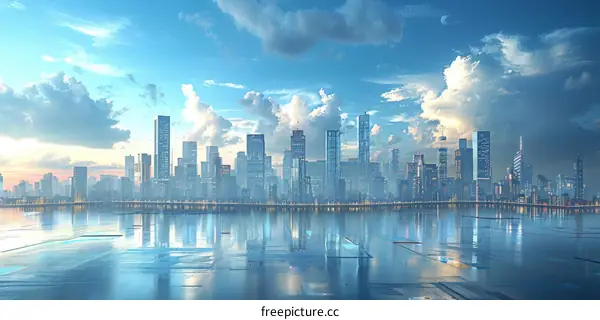 Futuristic City Skyline Panorama at Sunrise
