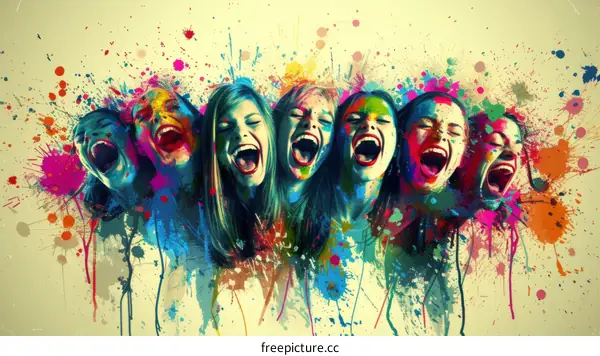 Laughing women with colorful paint on their faces