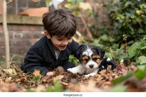 Little Boy Playing With Puppy in Autumn Leaves