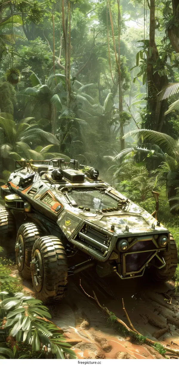 The armored car is driving along the jungle track