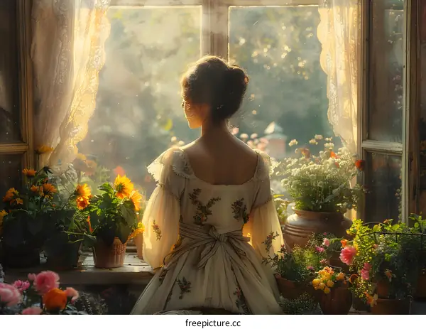 A woman in a white dress is sitting by the window looking out at the garden