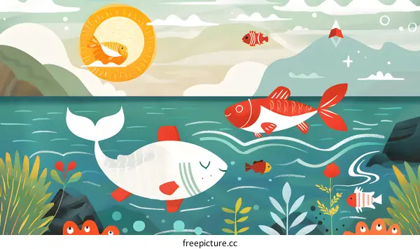 Cute Fish Illustration With Sun and Mountains in the Background