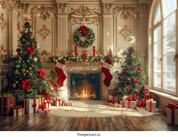 Cozy Living Room with Christmas Tree and Fireplace