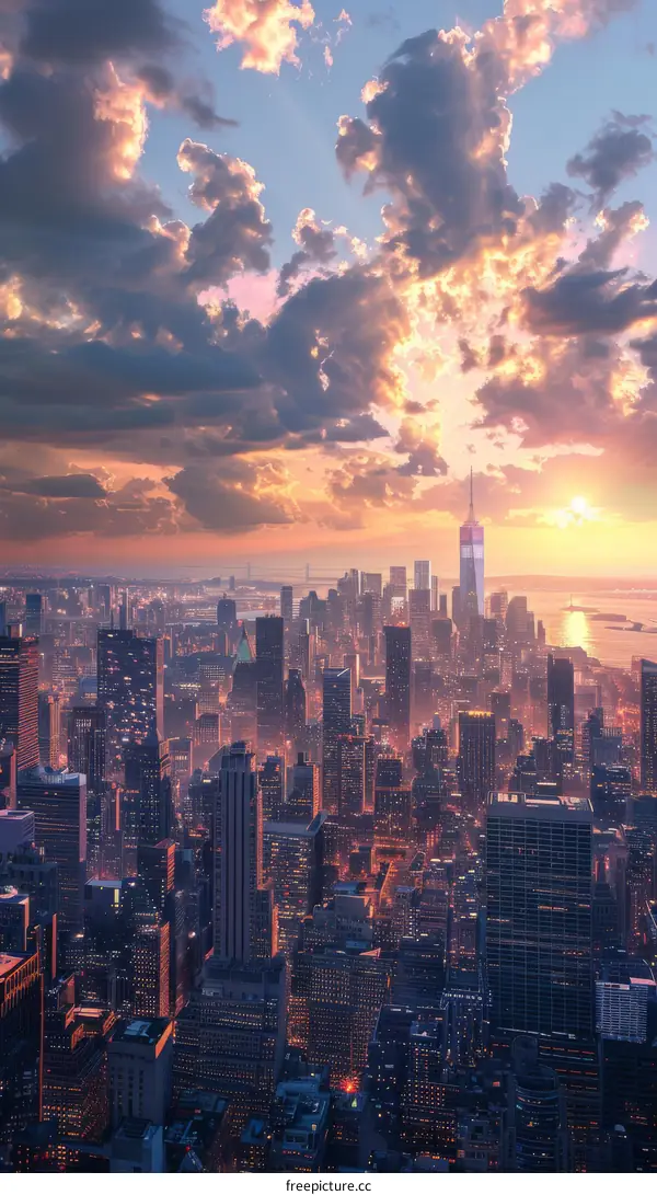 New York City Skyline at Sunset with Dramatic Clouds