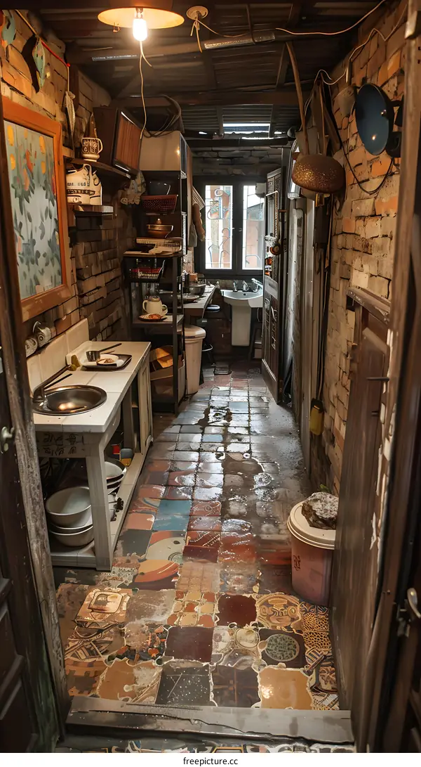A messy kitchen with a sink, cabinets, and a table