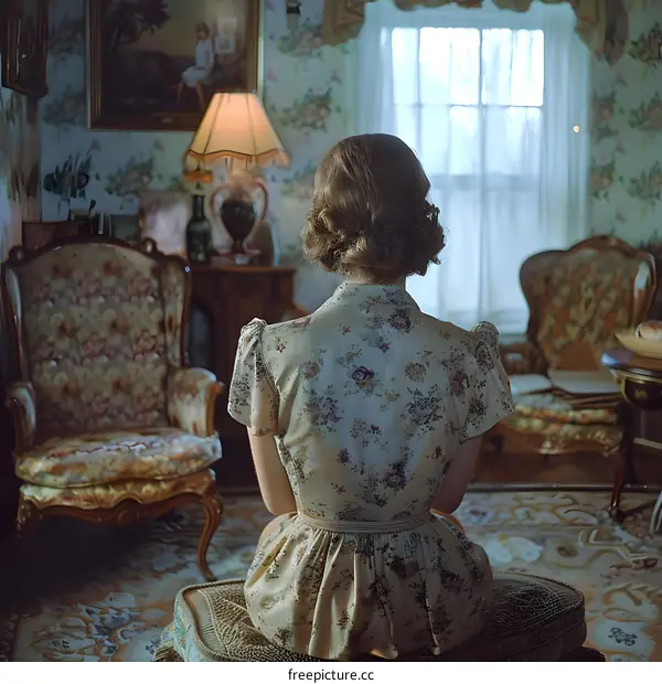 A woman sitting in a vintage room