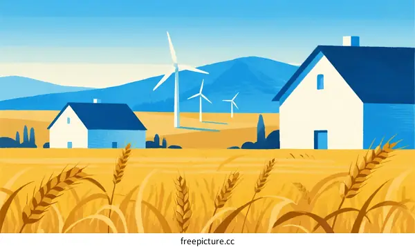Scenic Rural Landscape with Wheat Fields and Wind Turbines