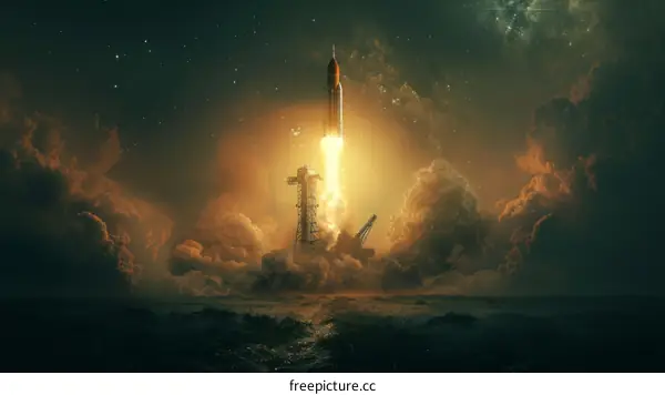 A rocket launch into the starry sky