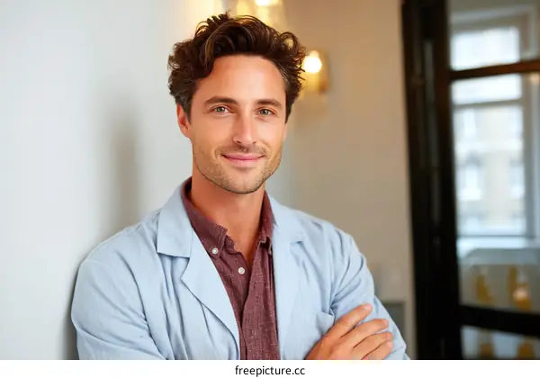 Confident young man with arms crossed standing indoors