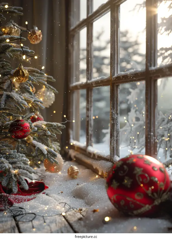 Cozy Christmas Window with Snow and Decorations