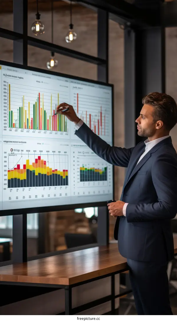 Businessman analyzing graphs and charts on interactive whiteboard during presentation