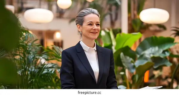 Smiling Businesswoman in a Modern Office Space