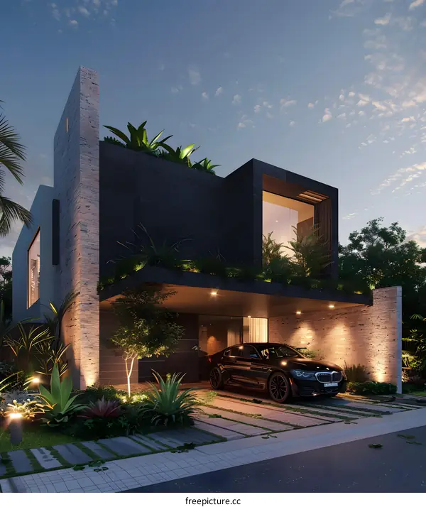 Modern Black House with Green Roof and Car