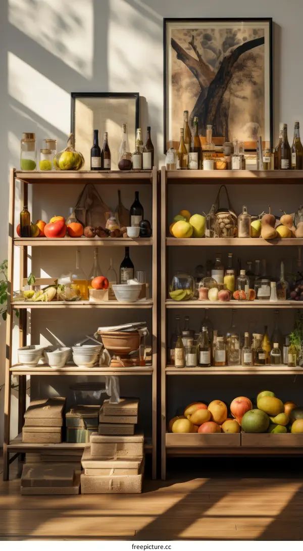 An Abundance of Fruits and Vegetables on Wooden Shelves