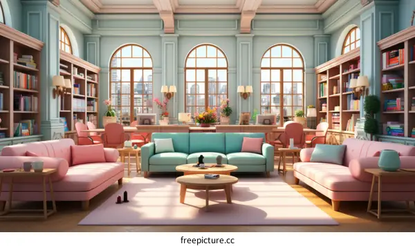 Modern Living Room with Bookshelves and City Skyline Views