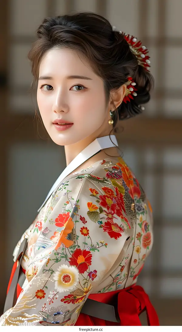Portrait of a young woman in traditional Korean dress, or Hanbok
