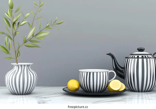 Black and White Striped Tea Set with Lemons