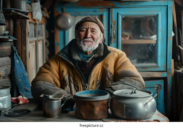 portrait of an old man in a yellow jacket