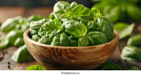 Fresh basil leaves in a wooden bowl