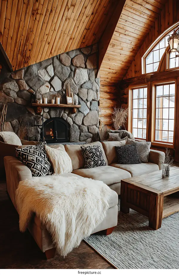 Cozy Cabin Living Room with Fireplace and Sectional Sofa