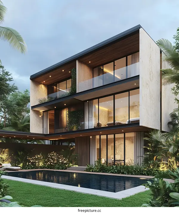 Modern Minimalist House With Swimming Pool And Tropical Plants
