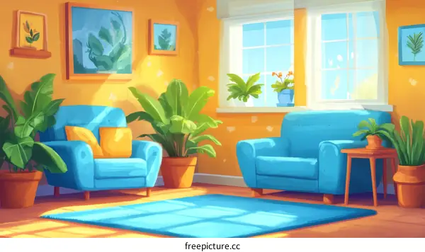 Sunny Living Room Illustration with Plants