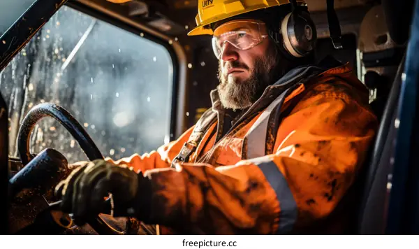 Portrait of a male worker wearing protective gear and operating heavy machinery in a factory