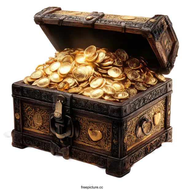 [Transparent Background PNG]Antique Treasure Chest Filled with Gold Coins