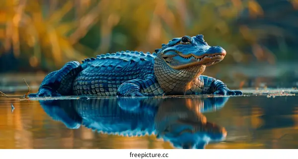 A Blue Alligator With Sharp Teeth Resting in the Water