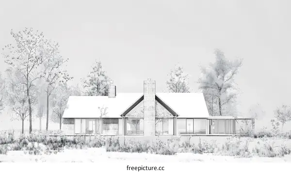 Pencil Sketch of a Modern House with Trees