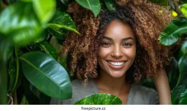 Woman Smiling in a Lush Green Plant Setting