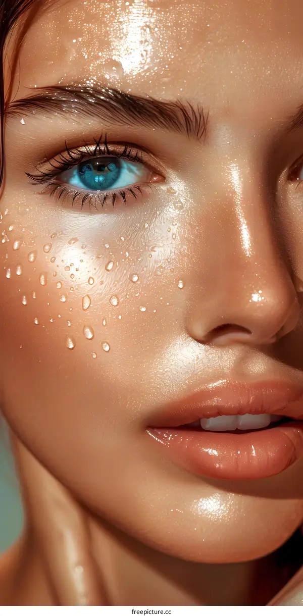Close up portrait of a beautiful young woman with wet face